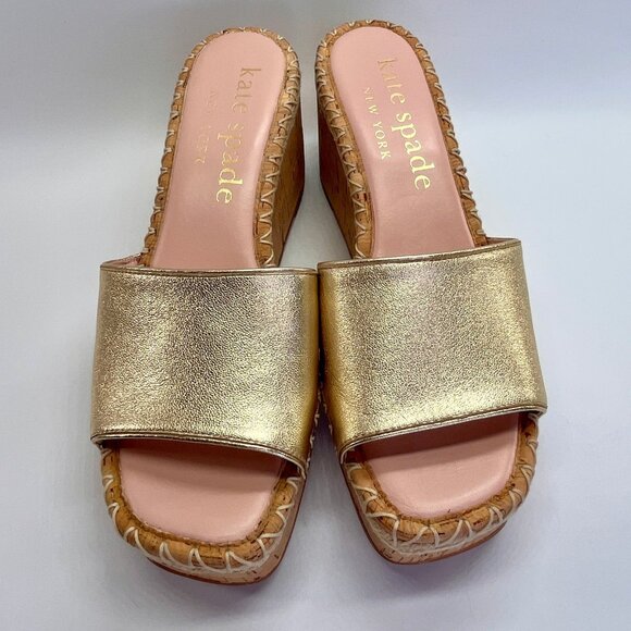 Kate Spade Cosette Cork Wedge Sandal Size 8.5B Gold Nappa Leather Slip-On - Picture 3 of 16